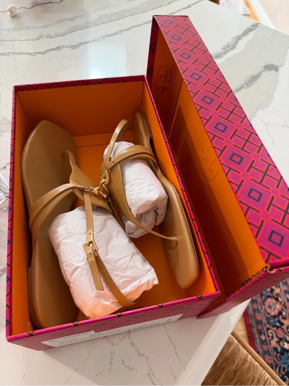 Tory Burch Tan Leather T-Strap Sandals with Gold Chain Accent